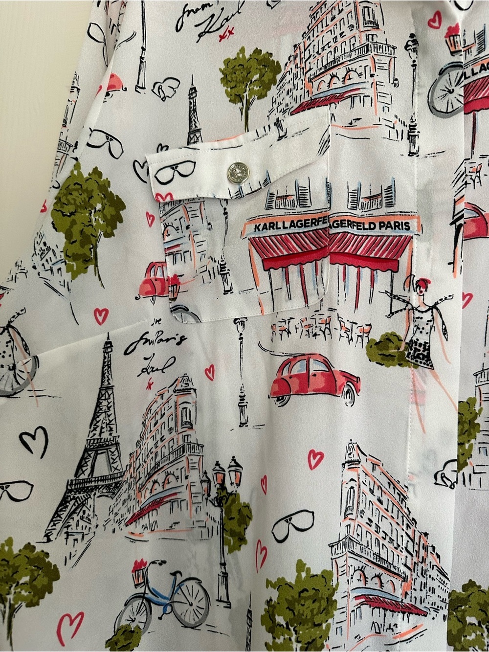 Karl Lagerfeld Paris white button-down shirt all-over whimsical Paris Print 2X - Picture 2 of 7
